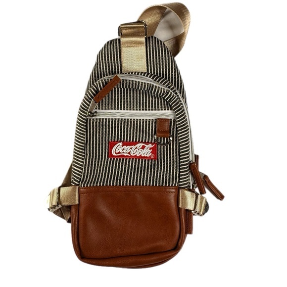 Coca Cola | Cross Body Striped Mini Backpack Sling Bag Canvas & Leather - Picture 1 of 16